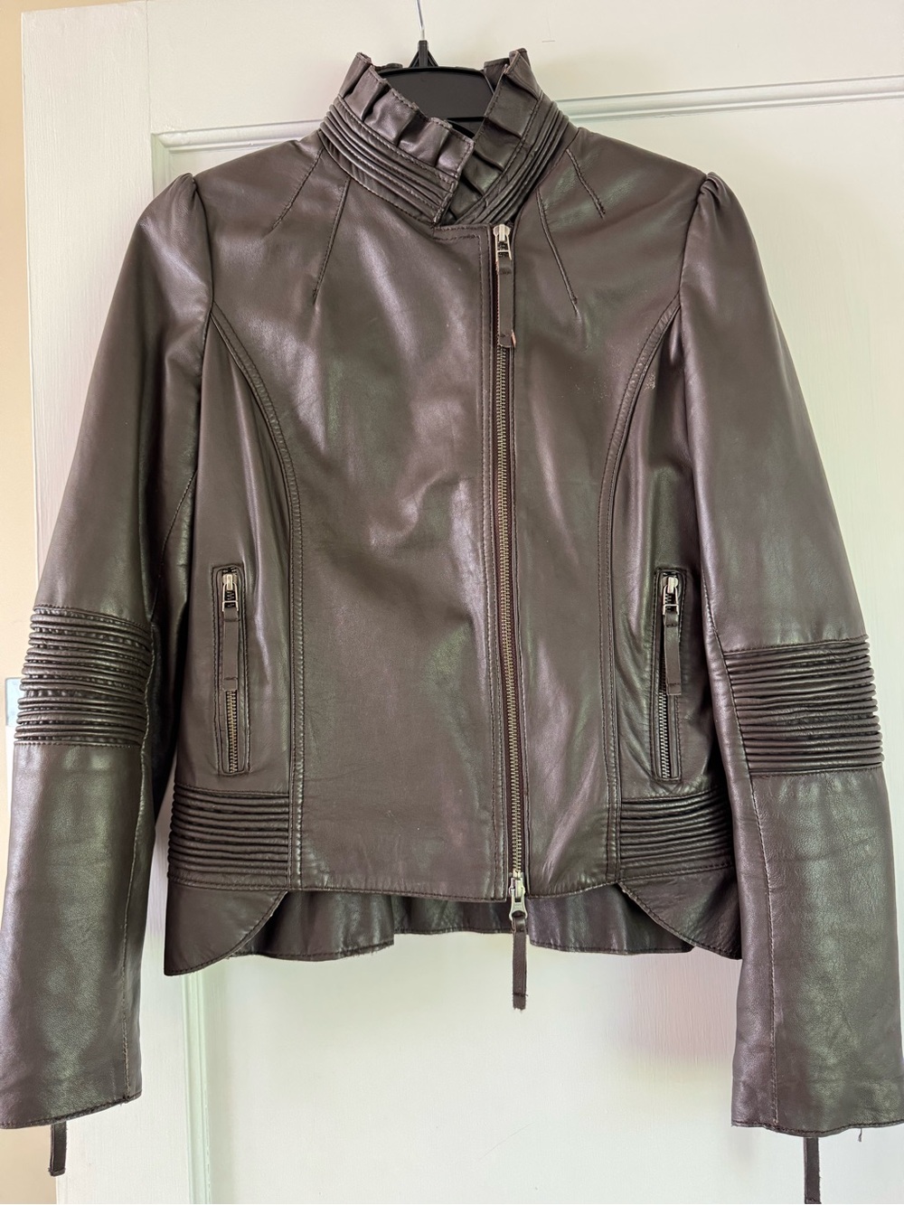 Max & Co. Dark Brown Ribbed Leather Moto Jacket